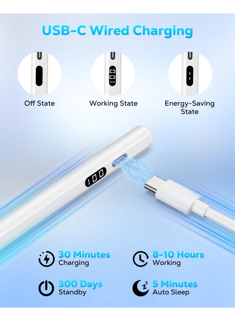 قلم لمس للآيباد 2018–2025، قلم رقمي بشحن سريع USB-C مع شاشة LED لعرض مستوى الطاقة، يدعم حساسية الميل، متوافق مع Apple iPad A10 وiPad الجيل 6/7/8/9، iPad Air 3/4 وM2/M3، iPad Pro مقاس 11 و12.9 و13 بوصة (M4)، وiPad mini 5/6، لون أبيض - Image 5